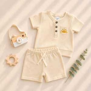 Boys 2pc Summer Cute Waffle Knit Top & Shorts Sets