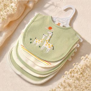 5 Pack Giraffe Pattern Soft Cotton Poly Embroidered Baby Bibs
