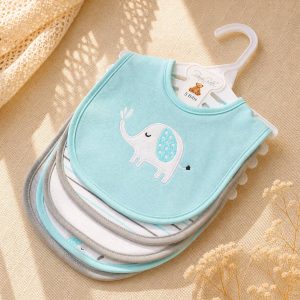 5 Pack Elephant Soft Cotton Poly Embroidered Baby Bibs