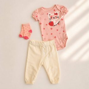 Strawberry Cat 3pcs Chenille Applique Bodysuit Socks Pants Set