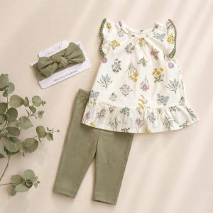 Baby Girl Rene Rofe Top & Bottom Capri Leggings & Headband Set