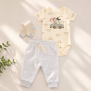 Baby 3pcs Driving Dog Chenille Applique Bodysuit Socks Pants Set