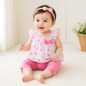 Bow Strawberry Chiffon Baby Outfit Top & Leggings 2 Piece Set