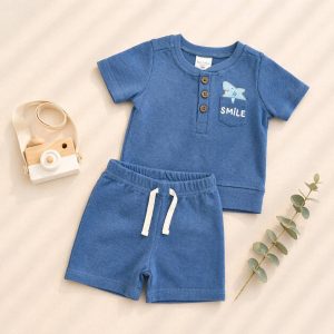 Boys 2pc Summer Cute Waffle Knit Top & Shorts Sets